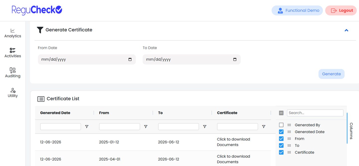 ReguCheck compliance certificate generation screen